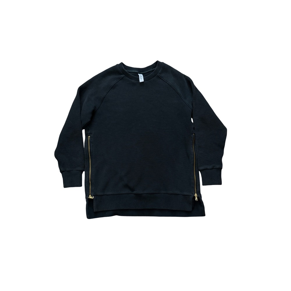 Varley Black Ribbed Crew Neck Sweatshirt Gold Side Zips Raglan Sleeve Small